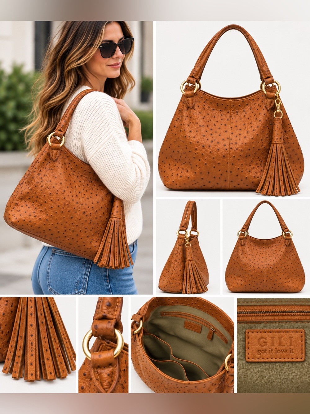 G.I.L.I. 100% Leather Ostrich Embossed Hobo Bag Cognac Tassel EUC
